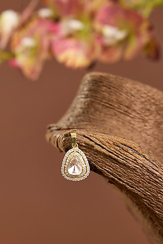 Yellow Gold Finish Moissanite Polki & Eurostar Swarovski Pendant In Sterling Silver by STELLA CREATIONS