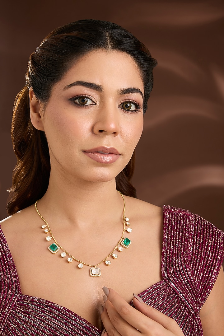 Yellow Gold Finish Moissanite Polki & Emerald Stone Pendant Chain Necklace In Sterling Silver by STELLA CREATIONS at Pernia's Pop Up Shop