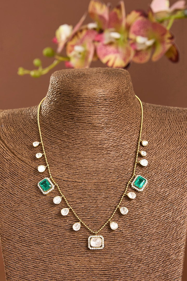 Yellow Gold Finish Moissanite Polki & Emerald Stone Pendant Chain Necklace In Sterling Silver by STELLA CREATIONS at Pernia's Pop Up Shop