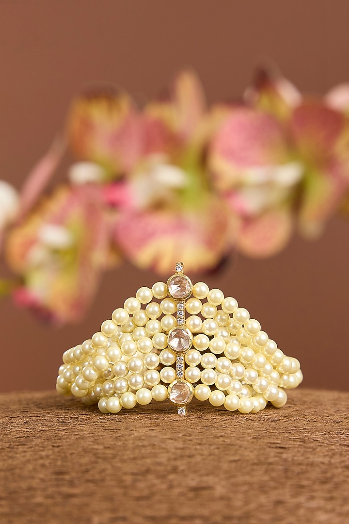 Yellow Gold Finish Moissanite Polki & Shell Pearl Openable Bracelet In Sterling Silver by STELLA CREATIONS at Pernia's Pop Up Shop