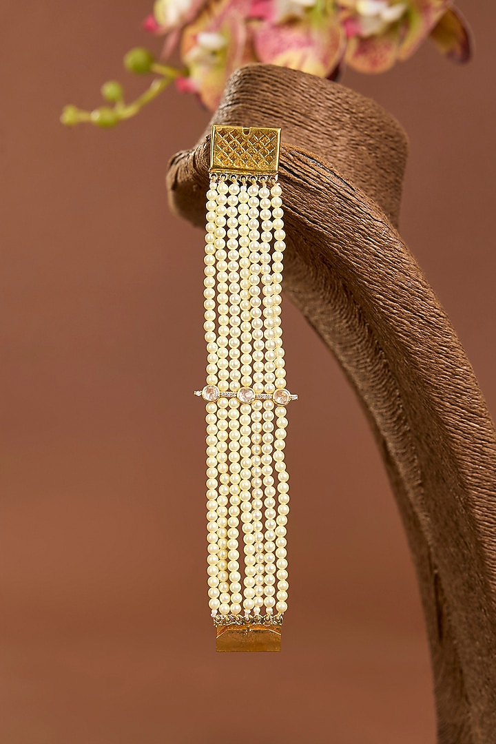 Yellow Gold Finish Moissanite Polki & Shell Pearl Openable Bracelet In Sterling Silver by STELLA CREATIONS at Pernia's Pop Up Shop