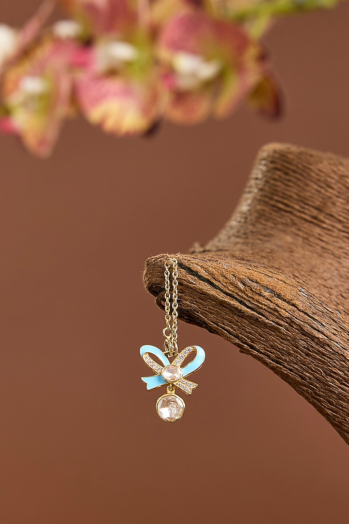 Yellow Gold Finish Moissanite Polki Blue Enameled Watch Charm In Sterling Silver by STELLA CREATIONS at Pernia's Pop Up Shop