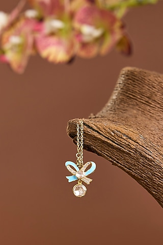 Yellow Gold Finish Moissanite Polki Blue Enameled Watch Charm In Sterling Silver by STELLA CREATIONS