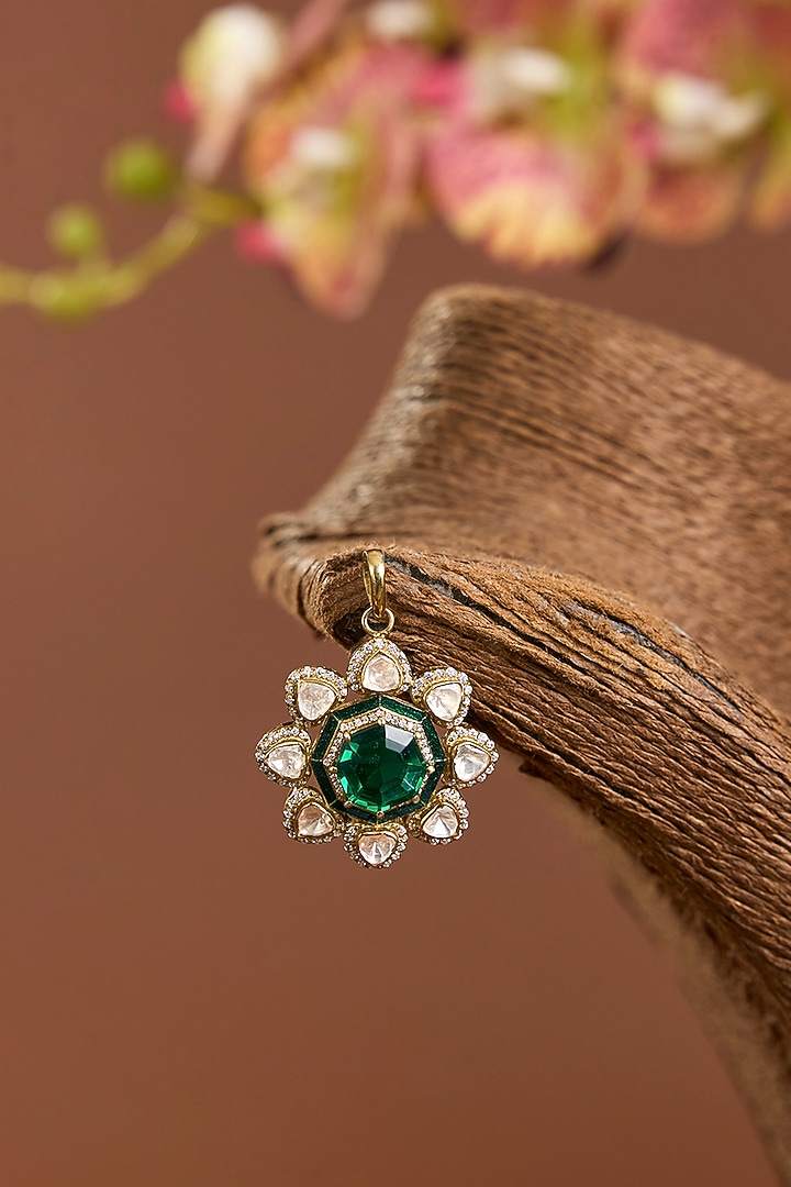 Yellow Gold Finish Moissanite Polki & Emerald Stone Pendant In Sterling Silver by STELLA CREATIONS at Pernia's Pop Up Shop