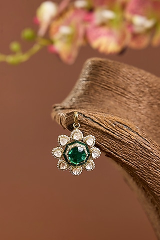 Yellow Gold Finish Moissanite Polki & Emerald Stone Pendant In Sterling Silver by STELLA CREATIONS