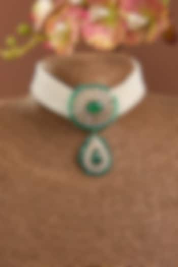 Yellow Gold Finish Moissanite Polki & Emerald Stone Choker Necklace Set In Sterling Silver by STELLA CREATIONS at Pernia's Pop Up Shop