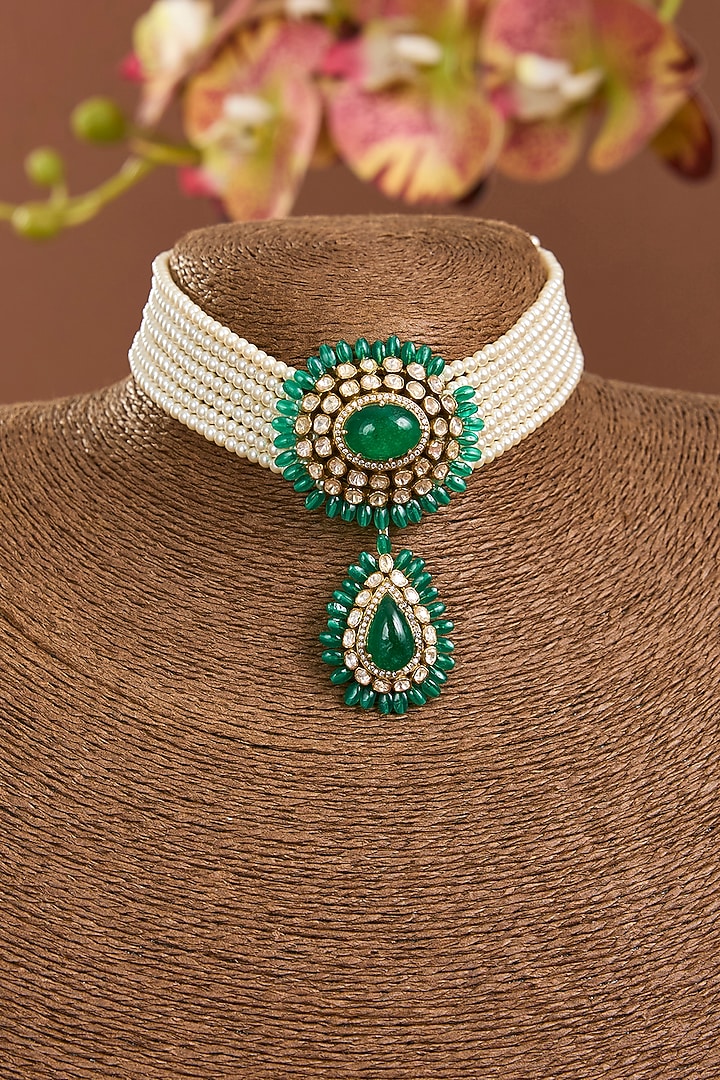 Yellow Gold Finish Moissanite Polki & Emerald Stone Choker Necklace Set In Sterling Silver by STELLA CREATIONS at Pernia's Pop Up Shop