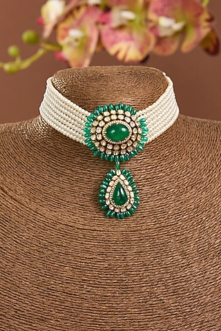 Yellow Gold Finish Moissanite Polki & Emerald Stone Choker Necklace Set In Sterling Silver by STELLA CREATIONS