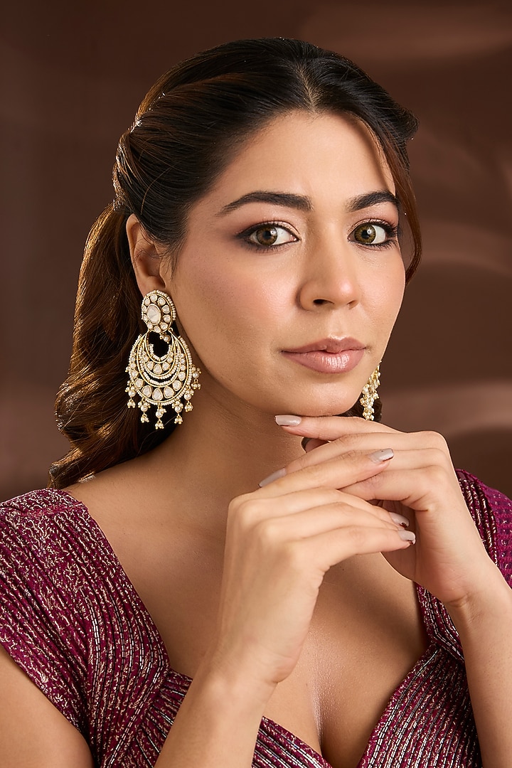 Yellow Gold Finish Moissanite Polki & Shell Pearl Chandbali Earrings In Sterling Silver by STELLA CREATIONS at Pernia's Pop Up Shop