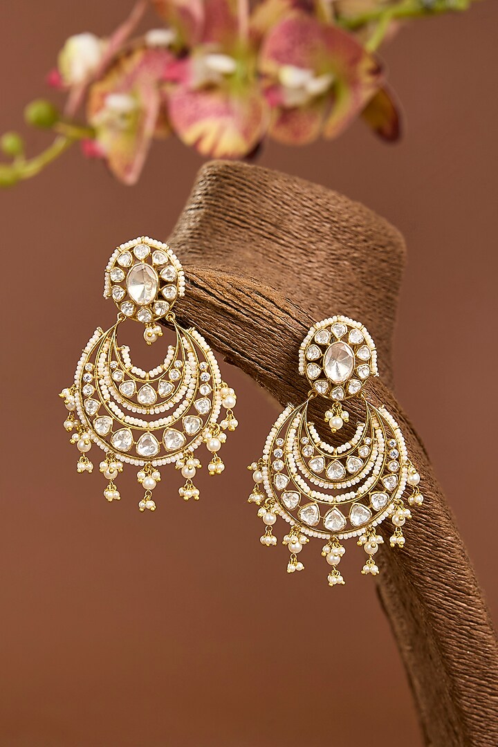 Yellow Gold Finish Moissanite Polki & Shell Pearl Chandbali Earrings In Sterling Silver by STELLA CREATIONS at Pernia's Pop Up Shop