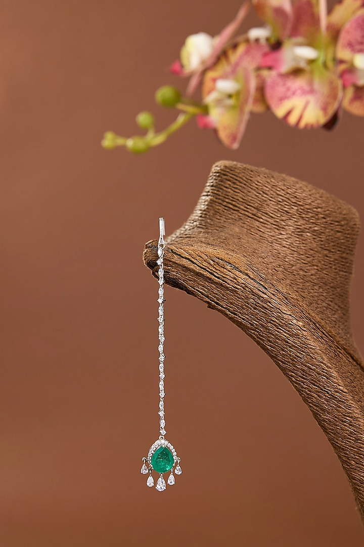 White Gold Finish Eurostar Swarovski & Emerald Stone Maangtikka In Sterling Silver by STELLA CREATIONS at Pernia's Pop Up Shop