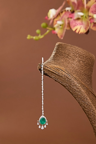 White Gold Finish Eurostar Swarovski & Emerald Stone Maangtikka In Sterling Silver by STELLA CREATIONS
