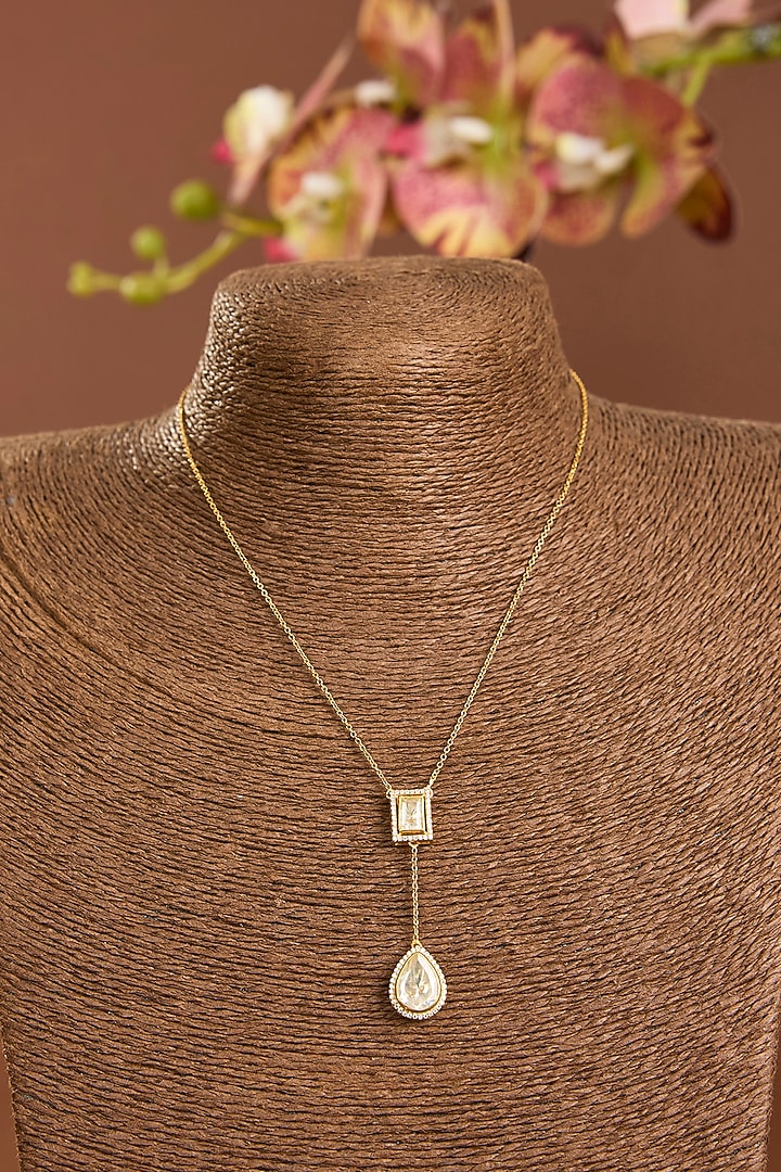 Yellow Gold Finish Moissanite Polki Pendant Chain Necklace In Sterling Silver by STELLA CREATIONS at Pernia's Pop Up Shop
