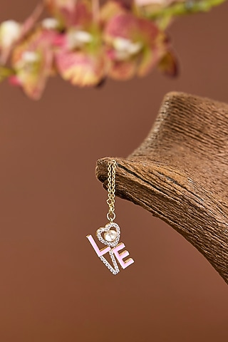 Yellow Gold Finish Moissanite Polki & Eurostar Swarovski Pink Enameled Watch Charm In Sterling Silver by STELLA CREATIONS