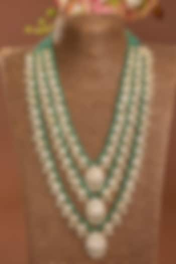 Yellow Gold Finish Moissanite Polki & Emerald Stone Necklace In Sterling Silver by STELLA CREATIONS at Pernia's Pop Up Shop