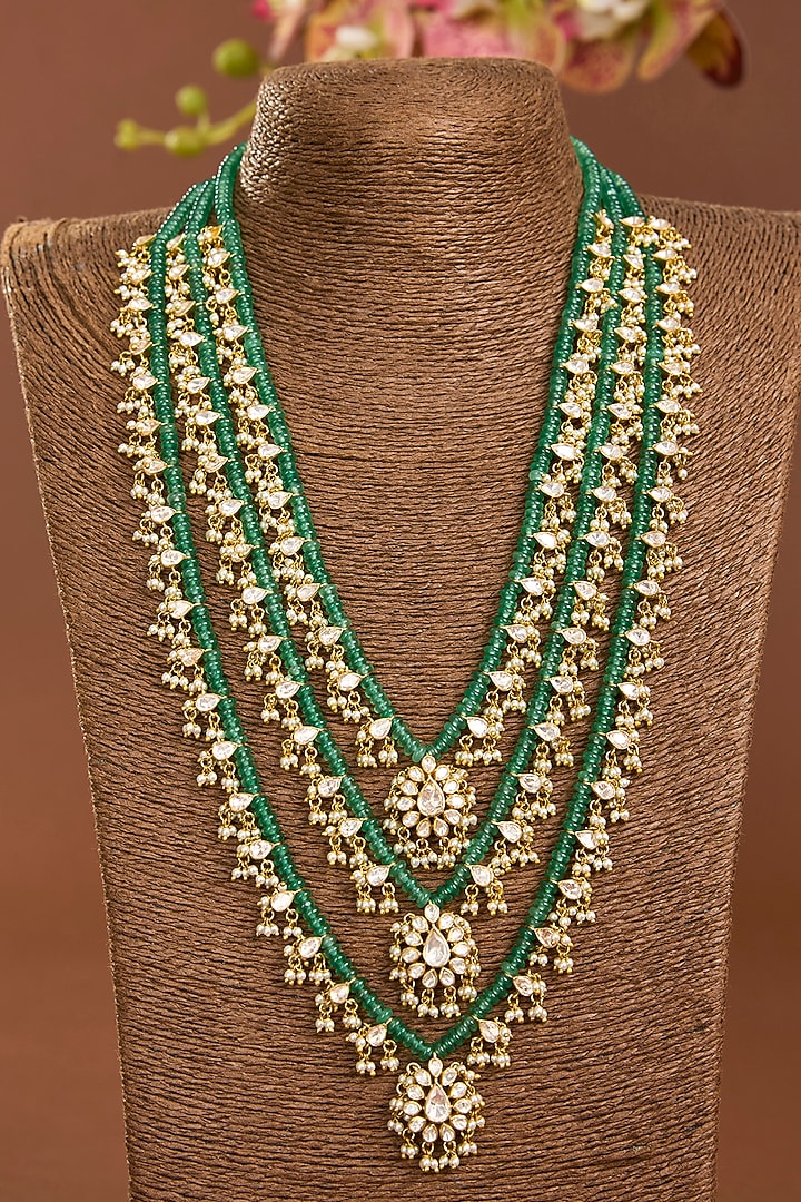Yellow Gold Finish Moissanite Polki & Emerald Stone Necklace In Sterling Silver by STELLA CREATIONS at Pernia's Pop Up Shop