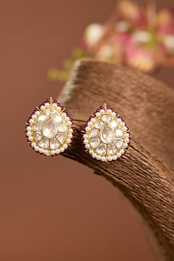 Yellow Gold Finish Moissanite Polki Stud Earrings In Sterling Silver by STELLA CREATIONS at Pernia's Pop Up Shop