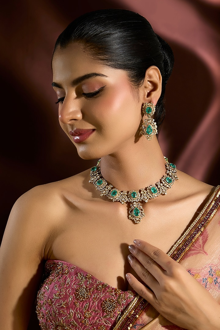 Yellow Gold Finish Moissanite Polki & Emerald Necklace Set In Sterling Silver by STELLA CREATIONS at Pernia's Pop Up Shop