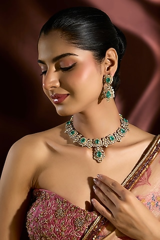 Yellow Gold Finish Moissanite Polki & Emerald Necklace Set In Sterling Silver by STELLA CREATIONS