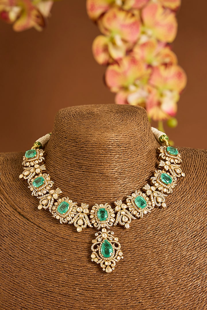 Yellow Gold Finish Moissanite Polki & Emerald Necklace Set In Sterling Silver by STELLA CREATIONS at Pernia's Pop Up Shop