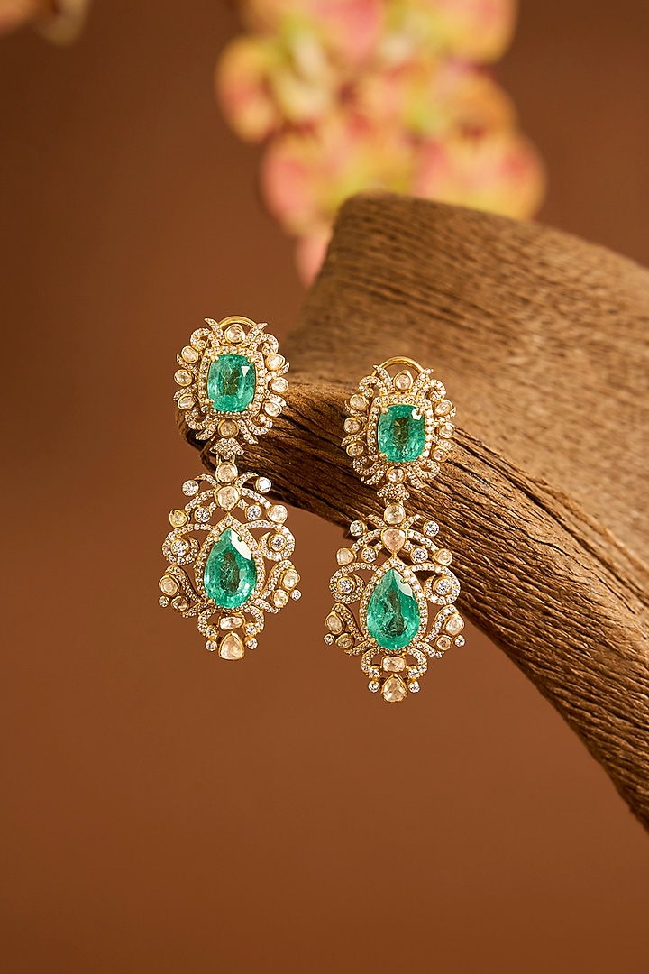 Yellow Gold Finish Moissanite Polki & Emerald Necklace Set In Sterling Silver by STELLA CREATIONS at Pernia's Pop Up Shop