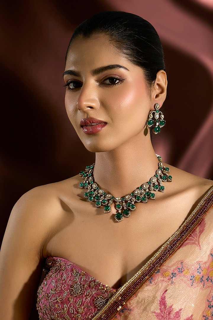 Yellow Gold Finish Moissanite Polki & Emerald Necklace Set In Sterling Silver by STELLA CREATIONS at Pernia's Pop Up Shop