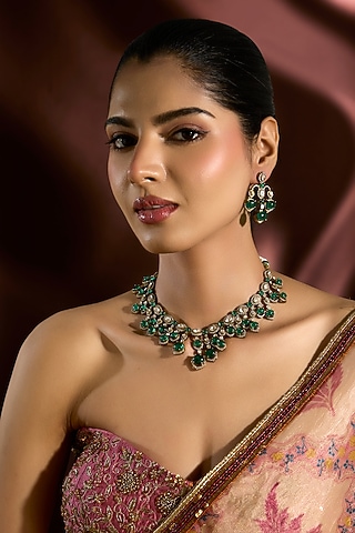 Yellow Gold Finish Moissanite Polki & Emerald Necklace Set In Sterling Silver by STELLA CREATIONS