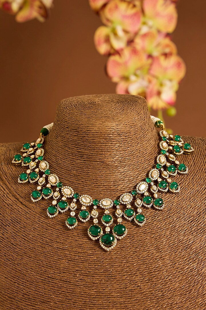 Yellow Gold Finish Moissanite Polki & Emerald Necklace Set In Sterling Silver by STELLA CREATIONS at Pernia's Pop Up Shop