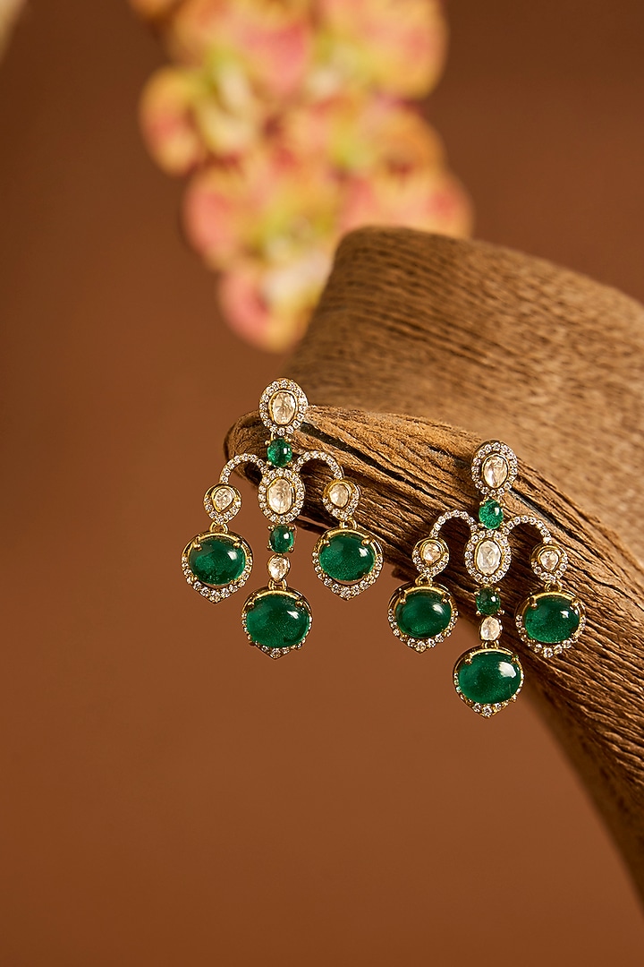 Yellow Gold Finish Moissanite Polki & Emerald Necklace Set In Sterling Silver by STELLA CREATIONS at Pernia's Pop Up Shop