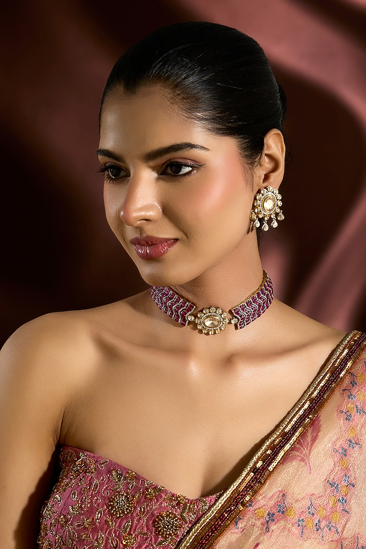 Yellow Gold Finish Moissanite Polki & Ruby Choker Necklace Set In Sterling Silver by STELLA CREATIONS at Pernia's Pop Up Shop