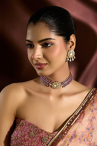 Yellow Gold Finish Moissanite Polki & Ruby Choker Necklace Set In Sterling Silver by STELLA CREATIONS