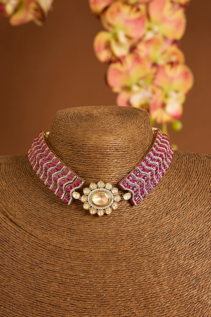 Yellow Gold Finish Moissanite Polki & Ruby Choker Necklace Set In Sterling Silver by STELLA CREATIONS at Pernia's Pop Up Shop