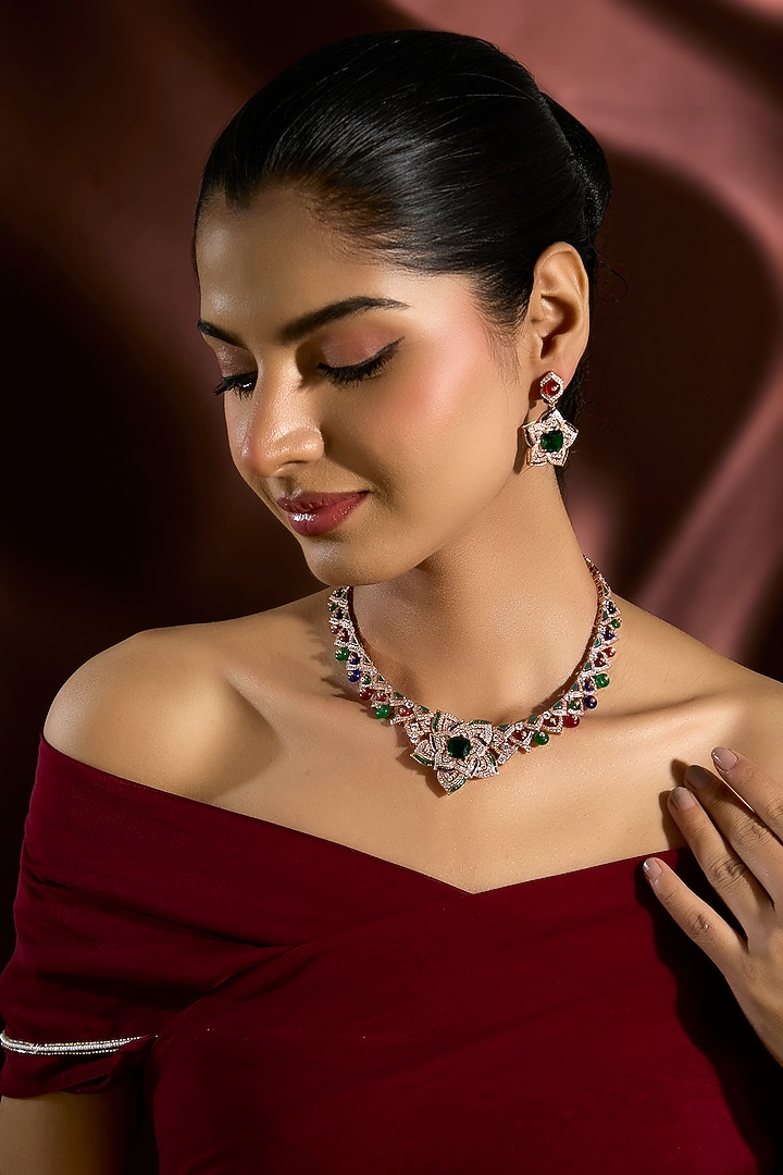 Rose Gold Finish Swarovski & Ruby Necklace Set In Sterling Silver by STELLA CREATIONS at Pernia's Pop Up Shop