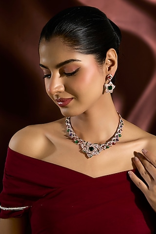 Rose Gold Finish Swarovski & Ruby Necklace Set In Sterling Silver by STELLA CREATIONS