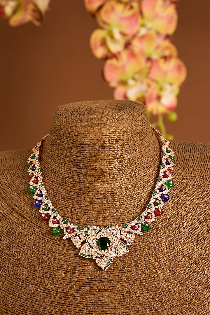 Rose Gold Finish Swarovski & Ruby Necklace Set In Sterling Silver by STELLA CREATIONS at Pernia's Pop Up Shop