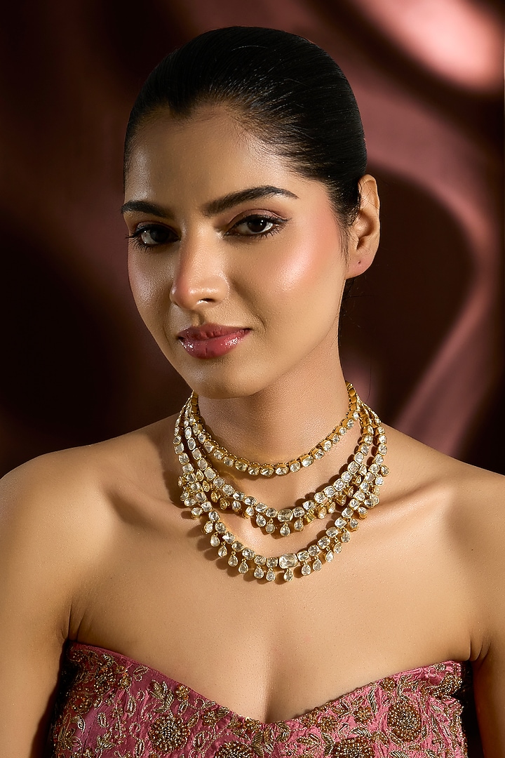 Yellow Gold Finish Moissanite Polki Necklace In Sterling Silver by STELLA CREATIONS at Pernia's Pop Up Shop