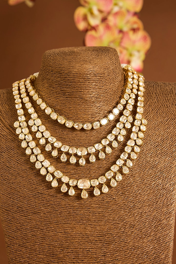 Yellow Gold Finish Moissanite Polki Necklace In Sterling Silver by STELLA CREATIONS at Pernia's Pop Up Shop