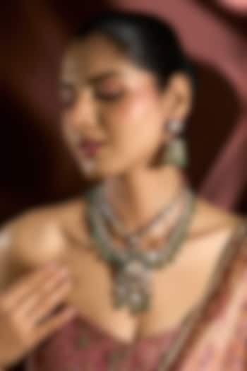 Victorian Gold Finish Moissanite Polki & Emerald Long Necklace Set In Sterling Silver by STELLA CREATIONS at Pernia's Pop Up Shop