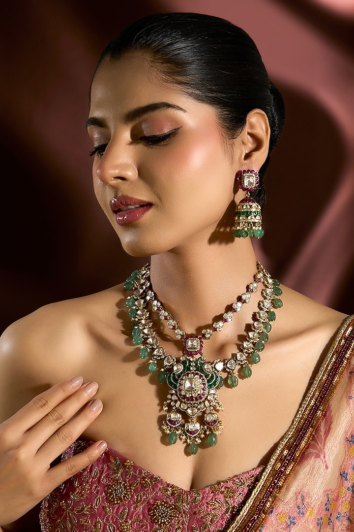 Victorian Gold Finish Moissanite Polki & Emerald Long Necklace Set In Sterling Silver by STELLA CREATIONS at Pernia's Pop Up Shop