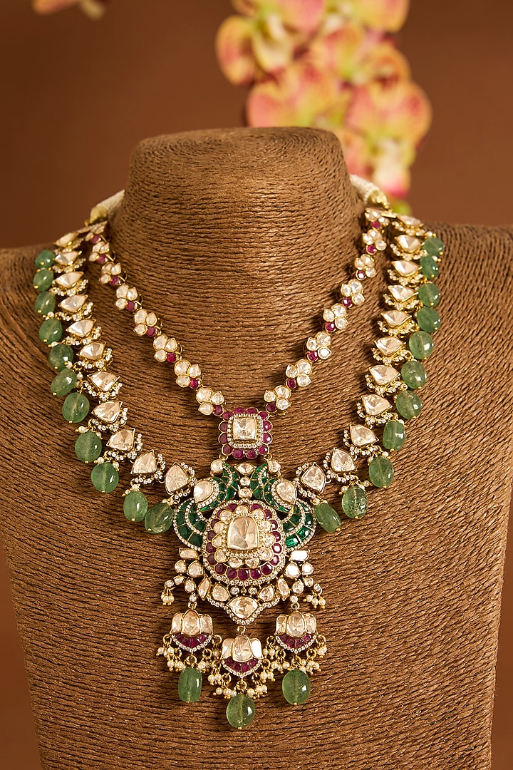 Victorian Gold Finish Moissanite Polki & Emerald Long Necklace Set In Sterling Silver by STELLA CREATIONS at Pernia's Pop Up Shop