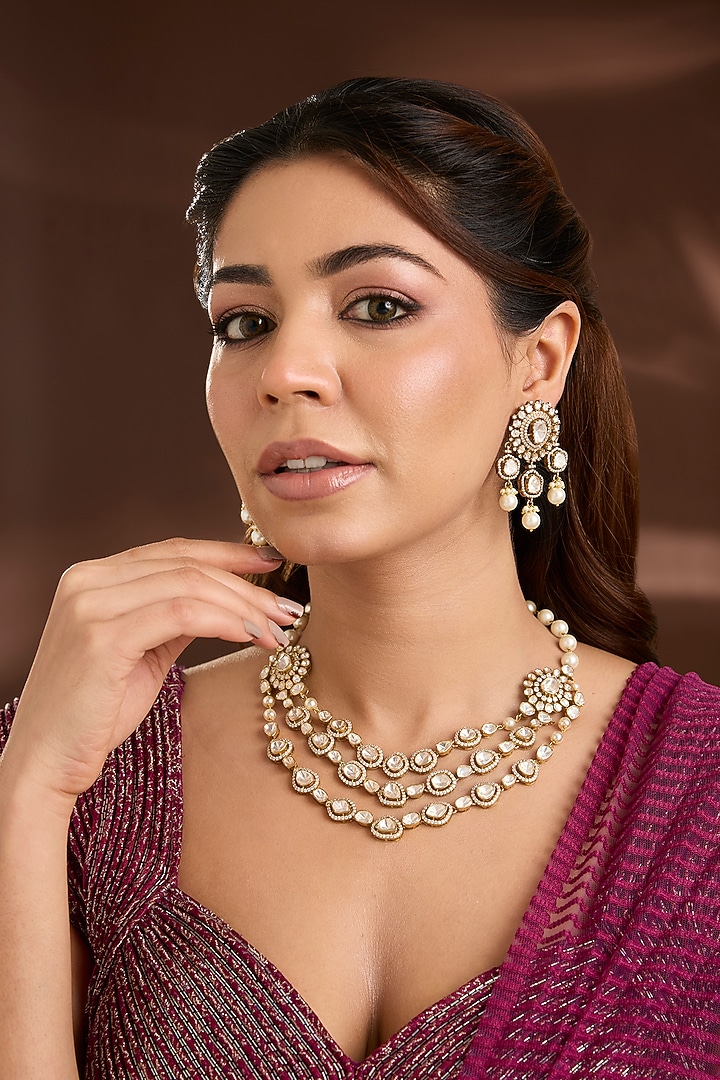 Yellow Gold Finish Moissanite Poki & Eurostar Swarovski Necklace Set In Sterling Silver by STELLA CREATIONS at Pernia's Pop Up Shop