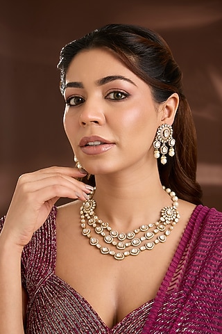 Yellow Gold Finish Moissanite Poki & Eurostar Swarovski Necklace Set In Sterling Silver by STELLA CREATIONS