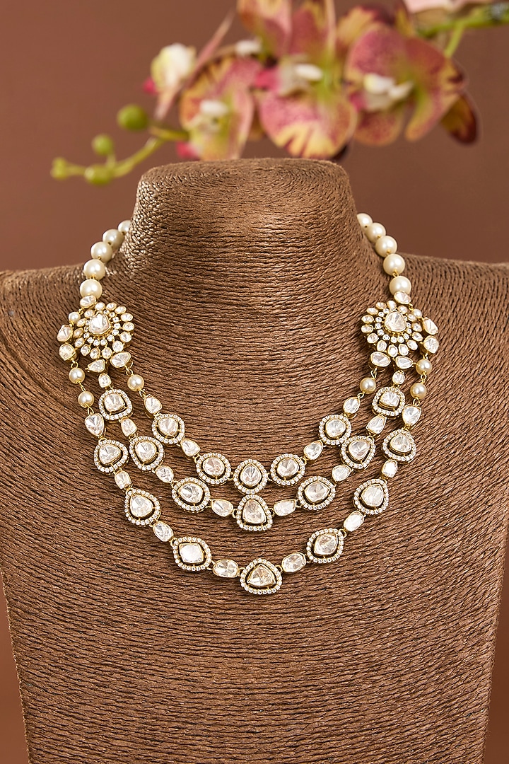 Yellow Gold Finish Moissanite Poki & Eurostar Swarovski Necklace Set In Sterling Silver by STELLA CREATIONS at Pernia's Pop Up Shop