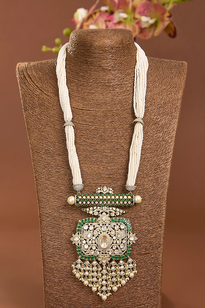 Yellow Gold Finish Moissanite Poki & Emerald Stone Long Necklace In Sterling Silver by STELLA CREATIONS at Pernia's Pop Up Shop