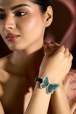 White Gold Finish Emerald & Swarovski Bracelet In Sterling Silver by STELLA CREATIONS