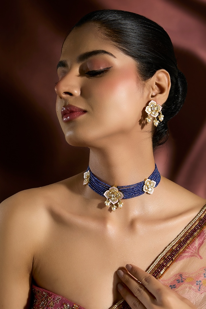 Yellow Gold Finish Moissanite Polki & Sapphire Choker Necklace Set In Sterling Silver by STELLA CREATIONS at Pernia's Pop Up Shop