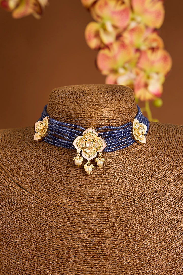 Yellow Gold Finish Moissanite Polki & Sapphire Choker Necklace Set In Sterling Silver by STELLA CREATIONS at Pernia's Pop Up Shop
