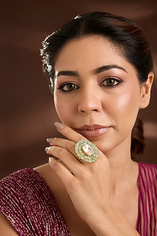 Yellow Gold Finish Moissanite Poki & Emerald Stone Ring In Sterling Silver by STELLA CREATIONS