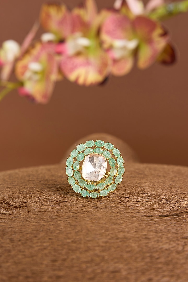 Yellow Gold Finish Moissanite Poki & Emerald Stone Ring In Sterling Silver by STELLA CREATIONS at Pernia's Pop Up Shop