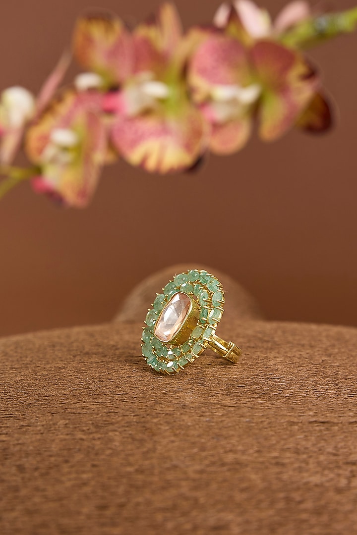 Yellow Gold Finish Moissanite Poki & Emerald Stone Ring In Sterling Silver by STELLA CREATIONS at Pernia's Pop Up Shop